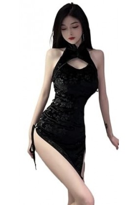 Seragam Cheongsam rétro Celah Tinggi Lingerie Qipao Renda Seksi Kostum Panjang frontière érotique rétro Ratu Pesta Size : 45