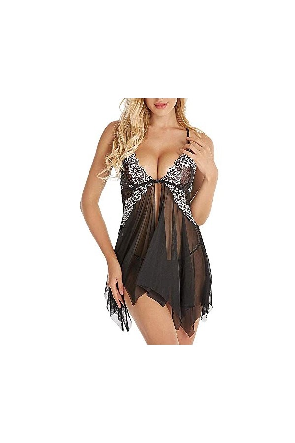 Robe de Nuit Transparente pour Femmes sous-vêtements Sexy Nuisette Chemise de Nuit Noir 3XL 