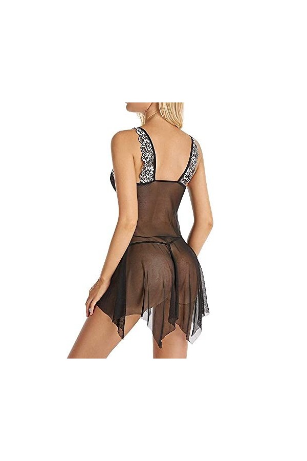 Robe de Nuit Transparente pour Femmes sous-vêtements Sexy Nuisette Chemise de Nuit Noir 3XL 