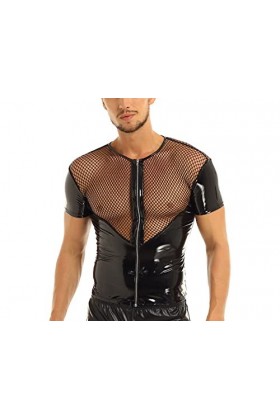 Chemise à manches courtes en résille pour homme - Style punk - En cuir verni, Noir , L