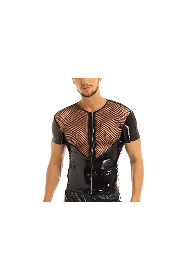 Chemise à manches courtes en résille pour homme - Style punk - En cuir verni, Noir , L