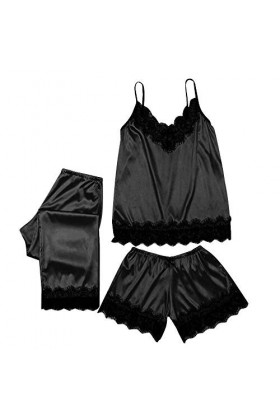 Rtyoo Lingerie de Noël sexyFemmes Dentelle Satin Vêtements De Nuit Lingerie Camisole Bow Pantalon Casual Pyjamas-Black_XXXL