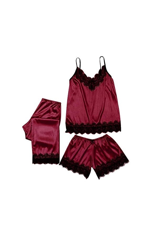 Rtyoo Lingerie de Noël sexyFemmes Dentelle Satin Vêtements De Nuit Lingerie Camisole Bow Pantalon Casual Pyjamas-Black_XXXL