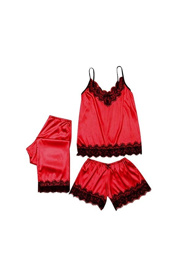 Rtyoo Lingerie de Noël sexyFemmes Dentelle Satin Vêtements De Nuit Lingerie Camisole Bow Pantalon Casual Pyjamas-Black_XXXL