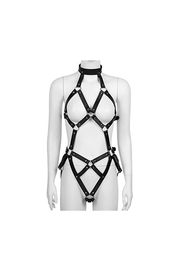 YIJIAN Femmes PU Cuir Halter Col Crousser Le Corps Coind Out Corps Boucles réglables Harnais Color : Black, Size : One Size 