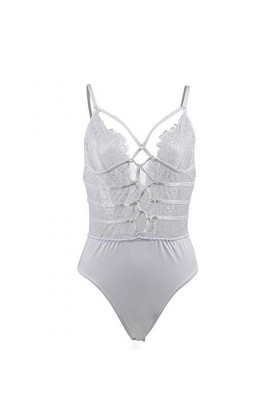 Lingerie Sexy pour Femme Coquinelingerie Sexy Erotique Body en Dentelle Blanche sans Manches Une Pièce Costumes De Corps Salo