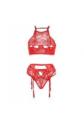 GWSFQ Lingerie Sexylingerie Halter Jarretière Ensemble De Lingerie Dentelle Sexy Femmes Floral-Rouge_M