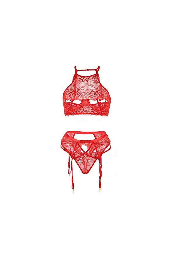GWSFQ Lingerie Sexylingerie Halter Jarretière Ensemble De Lingerie Dentelle Sexy Femmes Floral-Rouge_M