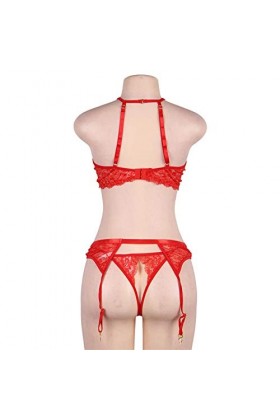 GWSFQ Lingerie Sexylingerie Halter Jarretière Ensemble De Lingerie Dentelle Sexy Femmes Floral-Rouge_M