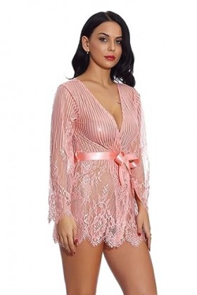 ZTIANEF RougeChemise de Nuit Sexy Femme Dentelle de Soie Lingerie érotique Fermeture Basse Pyjama, Rose, S
