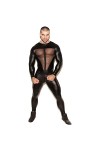 SHENGANG Hommes Manches Longues Transparent Maille Patchwork Ajustement Serré Combinaison Sexy en Cuir Verni Fermeture Éclair