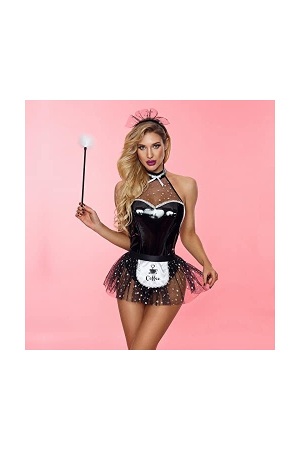 PUYYDS Femmes Jeu de rôle Sexy Femme de Chambre Uniforme en Cuir Verni discothèque Danse Costume Ensemble de Robe