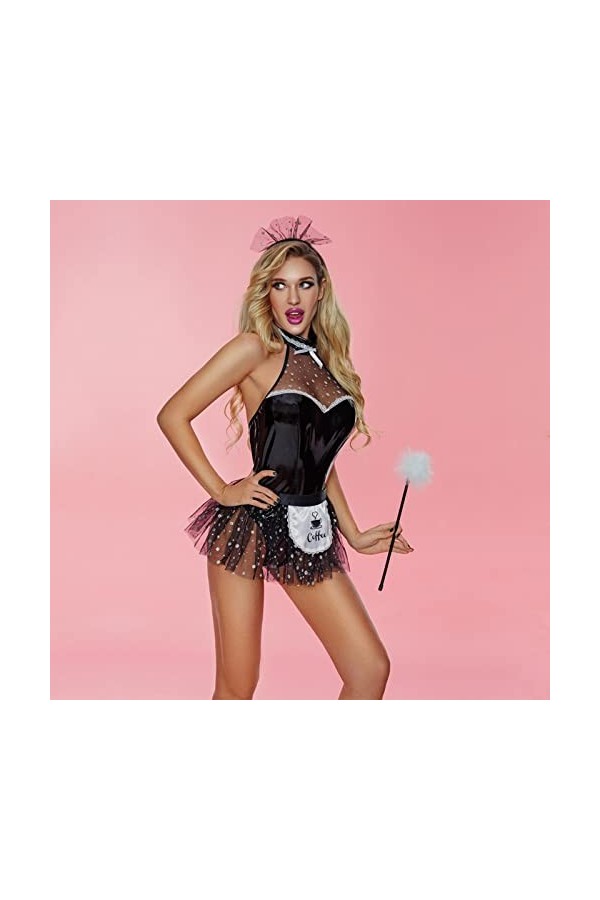 PUYYDS Femmes Jeu de rôle Sexy Femme de Chambre Uniforme en Cuir Verni discothèque Danse Costume Ensemble de Robe