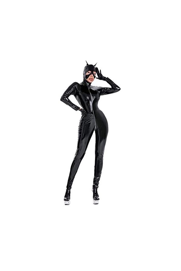 WEIXINMWP Combinaisons Noir Catsuit Latex Sexy Combinaisons Front Costumes Costumes Costumes masqués Catwoman Longues Body Cl
