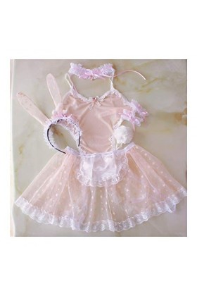 AGNN Sexy Mignon Lapin Rose for Femmes et Filles Femme de ménage Transparent Set Exotique Kawaii Cosplay Oreilles de Lapin Qu