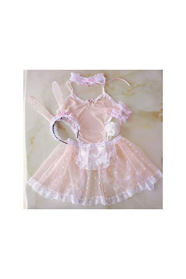 AGNN Sexy Mignon Lapin Rose for Femmes et Filles Femme de ménage Transparent Set Exotique Kawaii Cosplay Oreilles de Lapin Qu
