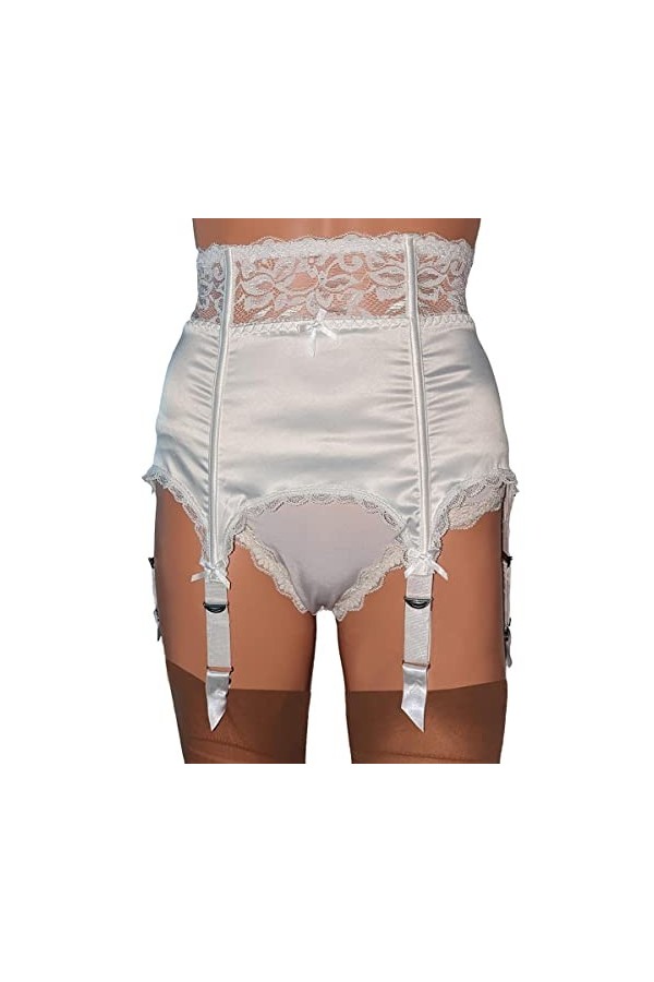 Porte-jarretelles 6 sangles en satin et dentelle disponible en noir, doré et blanc, blanc, Small