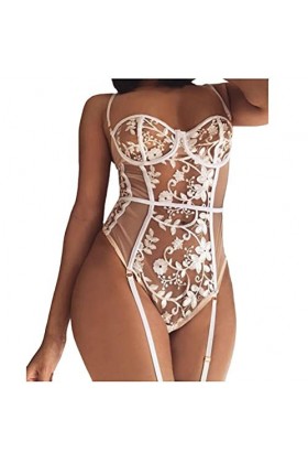 WDZOWU Femmes Dentelle Lingerie Broderie Jarretière-Blanc_L