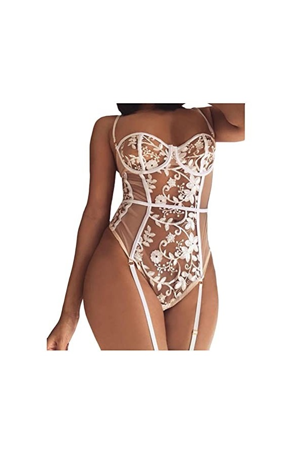 WDZOWU Femmes Dentelle Lingerie Broderie Jarretière-Blanc_L