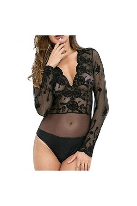 KSDFIUHAG Déguisements Adultes Lingerie en Dentelle pour Femmes Érotique Col en V Profond sous-Vêtements À Manches Longues Po