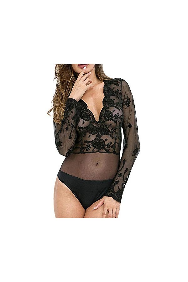 KSDFIUHAG Déguisements Adultes Lingerie en Dentelle pour Femmes Érotique Col en V Profond sous-Vêtements À Manches Longues Po