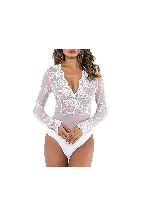 KSDFIUHAG Déguisements Adultes Lingerie en Dentelle pour Femmes Érotique Col en V Profond sous-Vêtements À Manches Longues Po