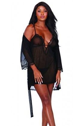 Dreamgirl Stretch Mesh Chemise & Robe Set Lingerie, Schwarz, L Femme