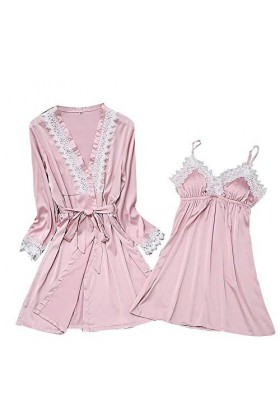 Rtyoo Lingerie Sexy en cuirFemmes sous-vêtements Soie Dentelle Robe Robe Ensembles Nuisette vêtements de Nuit à Manches Longu