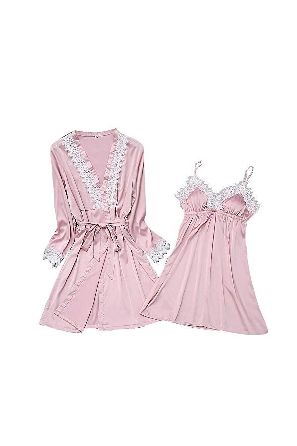 Rtyoo Lingerie Sexy en cuirFemmes sous-vêtements Soie Dentelle Robe Robe Ensembles Nuisette vêtements de Nuit à Manches Longu