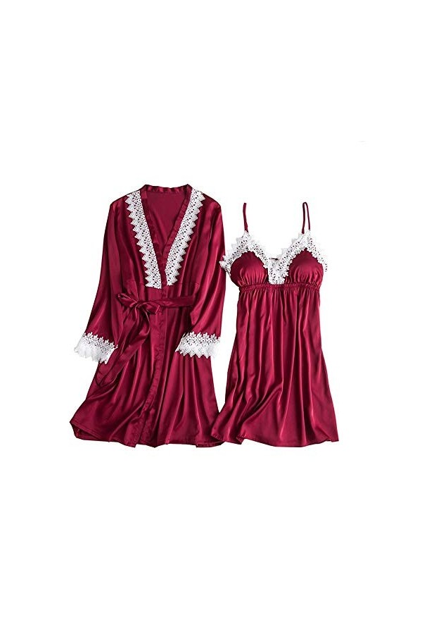 Rtyoo Lingerie Sexy en cuirFemmes sous-vêtements Soie Dentelle Robe Robe Ensembles Nuisette vêtements de Nuit à Manches Longu