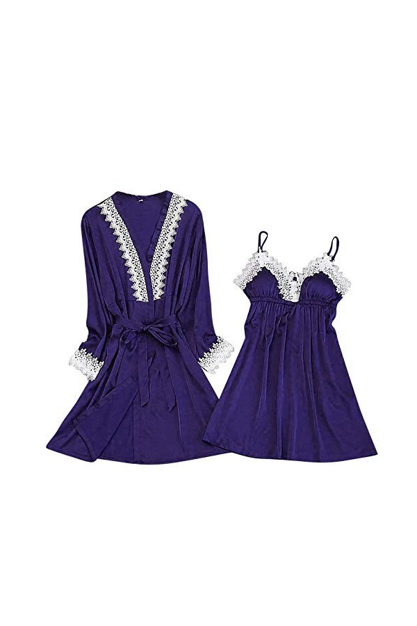 Rtyoo Lingerie Sexy en cuirFemmes sous-vêtements Soie Dentelle Robe Robe Ensembles Nuisette vêtements de Nuit à Manches Longu