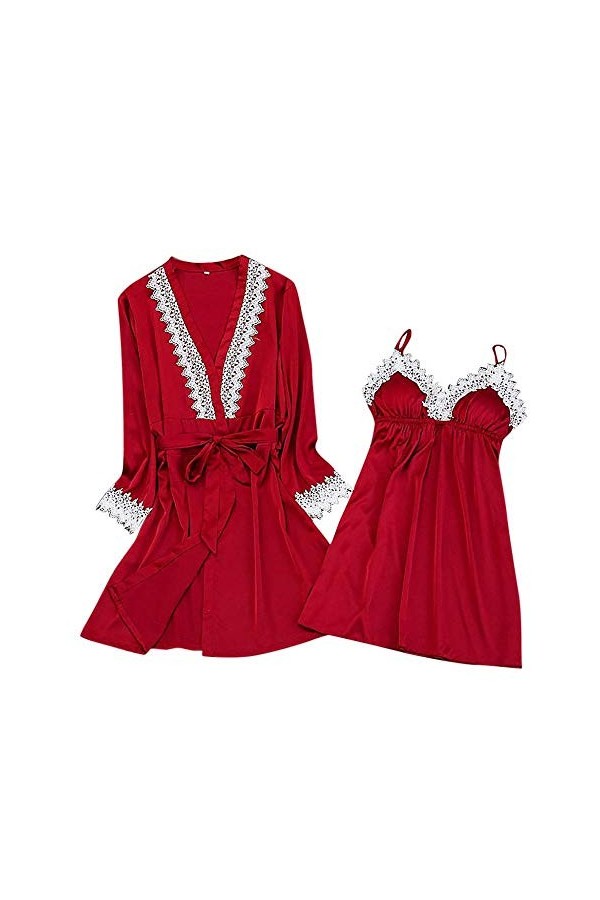 Rtyoo Lingerie Sexy en cuirFemmes sous-vêtements Soie Dentelle Robe Robe Ensembles Nuisette vêtements de Nuit à Manches Longu