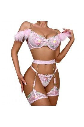 Lingerie Sexy pour Femmes Plumes vêtements de Nuit à Bretelles Cage Porte-Jarretelles Color : Pink, Size : M 