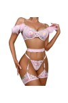 Lingerie Sexy pour Femmes Plumes vêtements de Nuit à Bretelles Cage Porte-Jarretelles Color : Pink, Size : M 