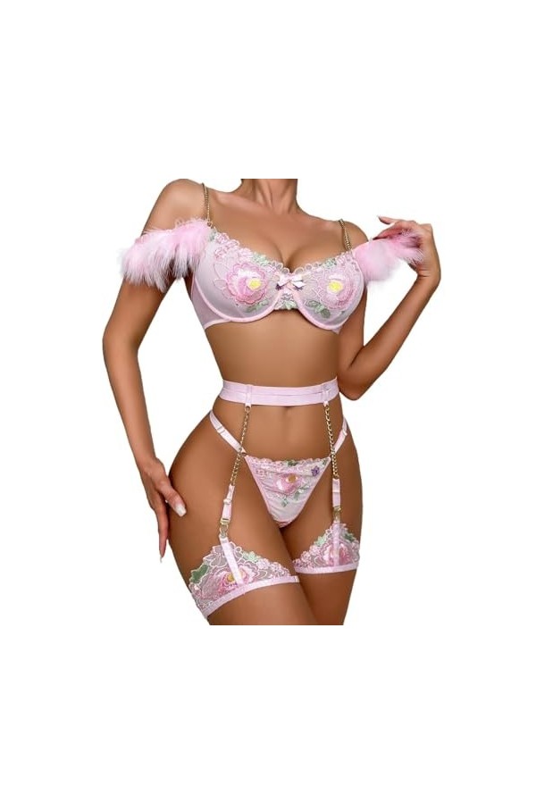 Lingerie Sexy pour Femmes Plumes vêtements de Nuit à Bretelles Cage Porte-Jarretelles Color : Pink, Size : M 