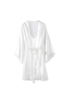 Ouvrir lentrejambeFemme Sexy Slip Chemise de Nuit col V Satin Lingerie Homewear Pyjama Ensemble Deux pièces, Blanc, S