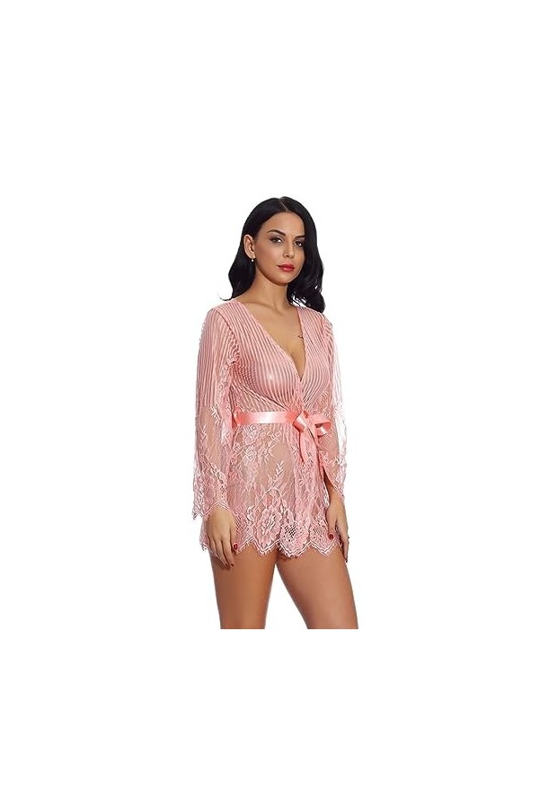 ZTIANEF RougeChemise de Nuit Sexy Femme Dentelle de Soie Lingerie érotique Fermeture Basse Pyjama, Rose, S