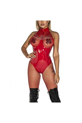 SHENGANG Femmes, col Haut Catsuit en Cuir Verni Lingerie Body Fermeture éclair, Entrejambe Sexy Brillant Une pièce métallique