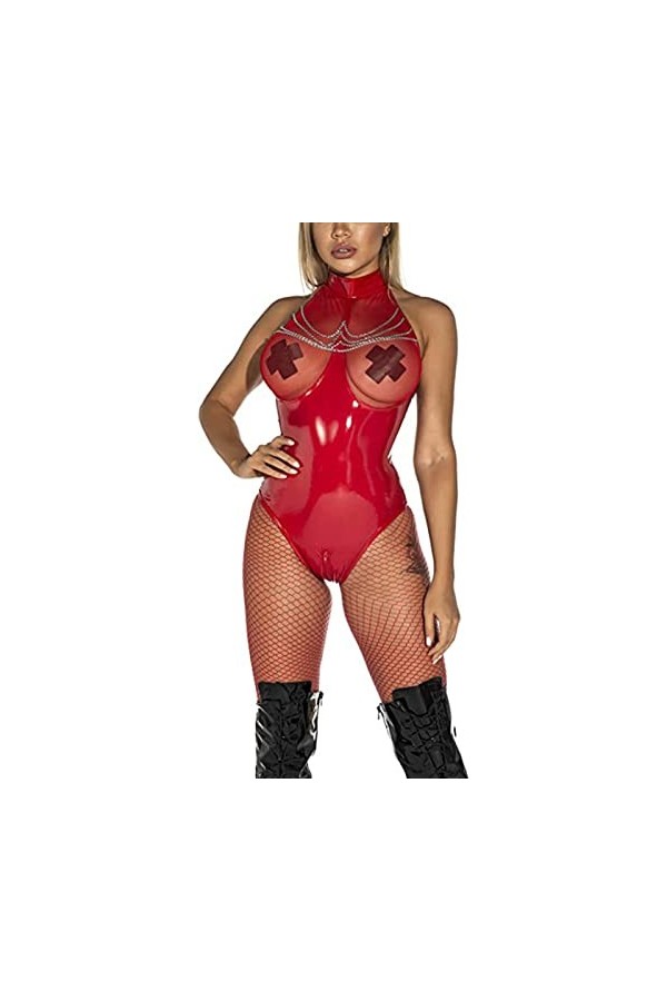 SHENGANG Femmes, col Haut Catsuit en Cuir Verni Lingerie Body Fermeture éclair, Entrejambe Sexy Brillant Une pièce métallique