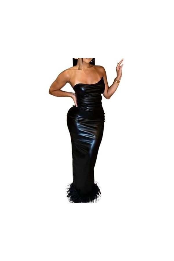 KWIXUK Faux Cuir Plume Moulante Maxi Robe Sexy Party Clubwear Asymétrique Tube Top Longues Robes for Femmes Color : Black, S