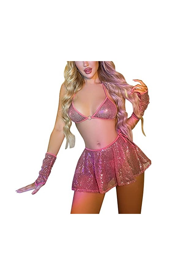 Hekbaep Femmes Paillettes Flash Discothèque Costume Sexy Lingerie Sexy Lingerie Latex