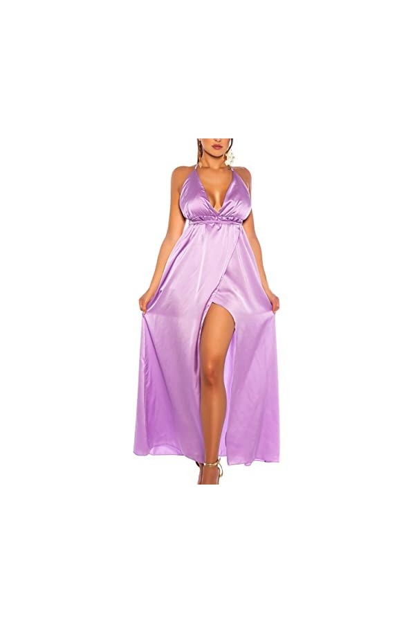 Koucla Robe longue en satin dos nu avec col en V sexy et effet enveloppant, lilas, Taille unique