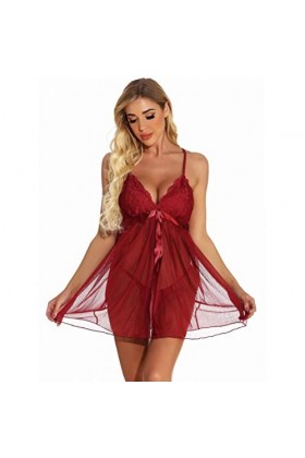 WDZOWU Robe de Nuit Sexy sans Manches à col en V-Rouge_3XL