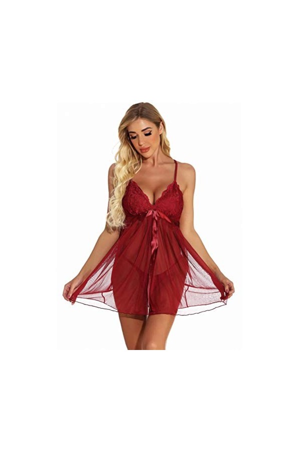 WDZOWU Robe de Nuit Sexy sans Manches à col en V-Rouge_3XL