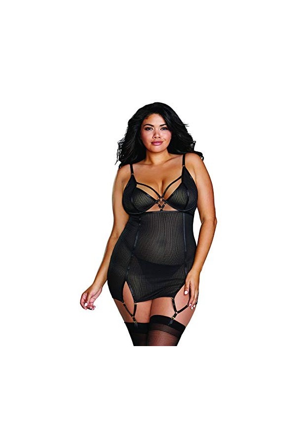 Dreamgirl Plus Size Fishnet Power Mesh Garter Slip Lingerie, Schwarz, 3X Femme