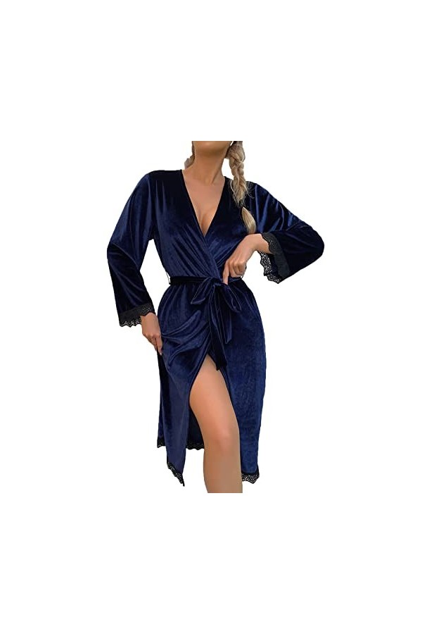 SUNMME Pyjama Cardigan Sexy pour Femme, Robes en Velours doré, Manchette en Dentelle, Historique de Navigation Bleu S 