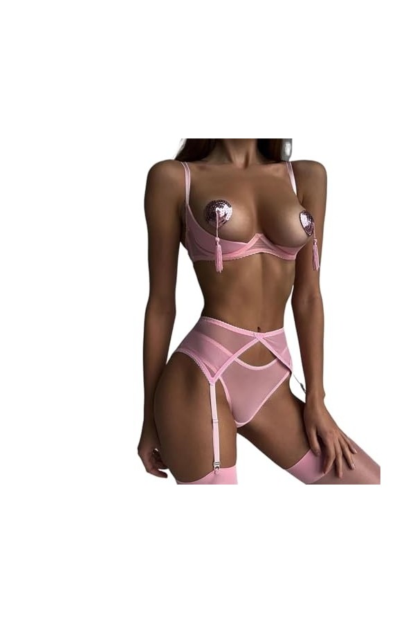 Lingerie Sexy pour Femme Coquine 4 pièces entièrement réglables, Soutien-Gorge et Culotte Transparents pour Femme Color : Pi