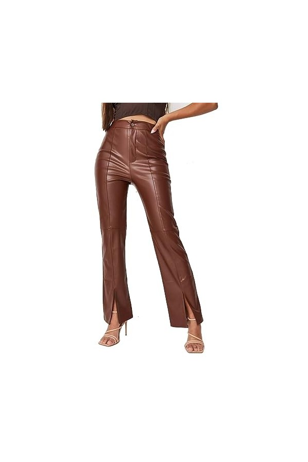 DCIUSTFHE Femmes Sexy Cuir PU Étiré Fermeture Éclair Fente Pantalon en Cuir Boîte De Nuit Barres DS Scène Vêtements,Marron,XL