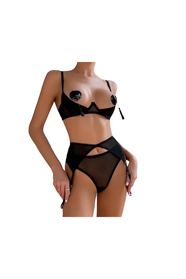 CorsetLingerie Sexy pour Femmes, Poitrine exposée, Transparente avec tétons, Fesses pêche, Trois pièces, Noir, L