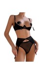 CorsetLingerie Sexy pour Femmes, Poitrine exposée, Transparente avec tétons, Fesses pêche, Trois pièces, Noir, L